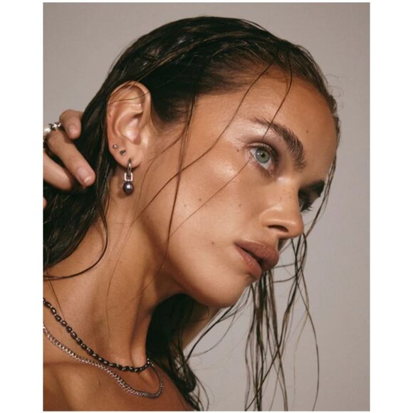 NOC Luv AJ Blue Pearl Amalfi Huggies Earrings Silver 2 in 1 Freshwater Pearl - Picture 8 of 15